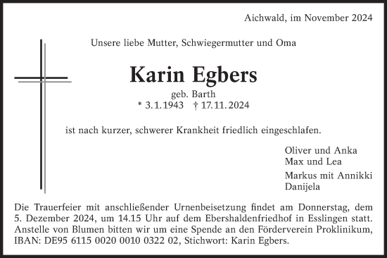 Traueranzeige von Karin Egbers von NWZ Neue Württembergische Zeitung