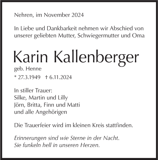 Traueranzeige von Karin Kallenberger von Schwäbische Tagblatt