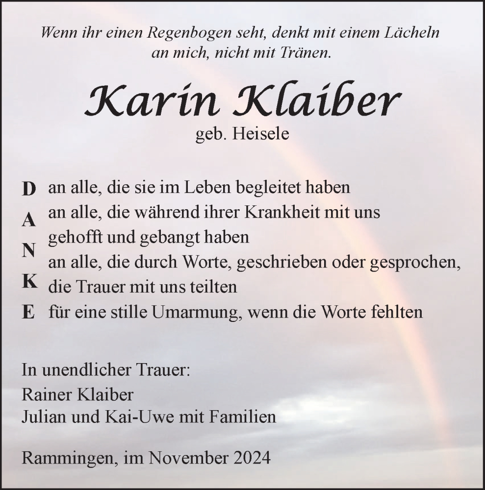  Traueranzeige für Karin Klaiber vom 09.11.2024 aus SÜDWEST PRESSE Ausgabe Ulm/Neu-Ulm