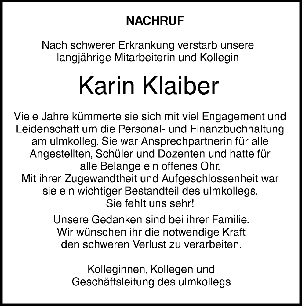  Traueranzeige für Karin Klaiber vom 09.11.2024 aus SÜDWEST PRESSE Ausgabe Ulm/Neu-Ulm