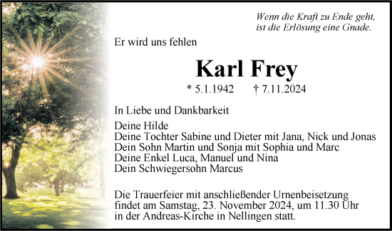 Traueranzeige von Karl Frey von SÜDWEST PRESSE Ausgabe Ulm/Neu-Ulm