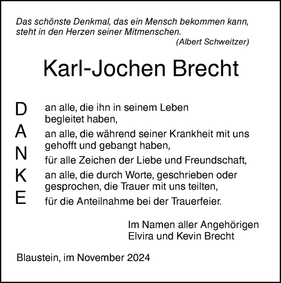 Traueranzeige von Karl-Jochen Brecht von SÜDWEST PRESSE Ausgabe Ulm/Neu-Ulm