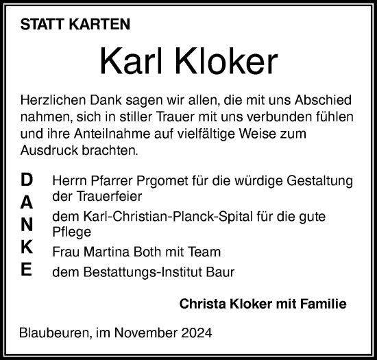 Traueranzeige von Karl Kloker von SÜDWEST PRESSE Ausgabe Ulm/Neu-Ulm