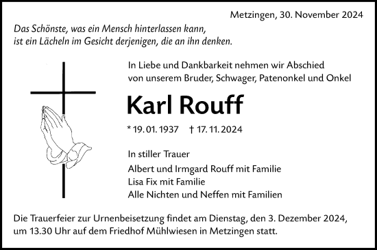 Traueranzeige von Karl Rouff von Alb-Bote/Metzinger-Uracher Volksblatt