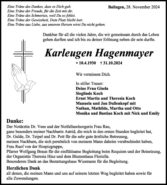 Traueranzeige von Karleugen Hagenmayer von SÜDWEST PRESSE Zollernalbkreis/Hohenzollerische Zeitung