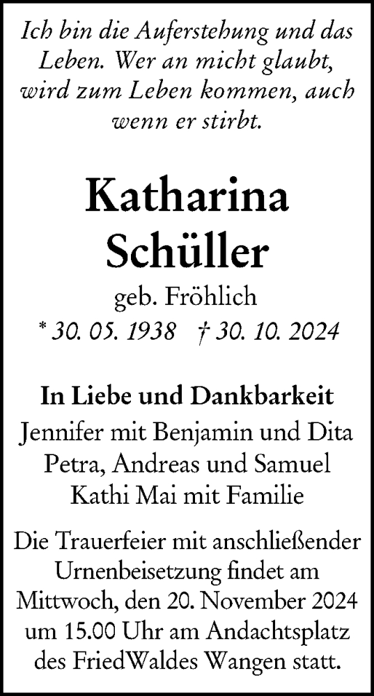 Traueranzeige von Katharina Schüller von NWZ Neue Württembergische Zeitung