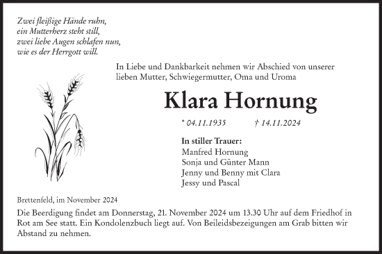 Traueranzeige von Klara Hornung von Hohenloher Tagblatt