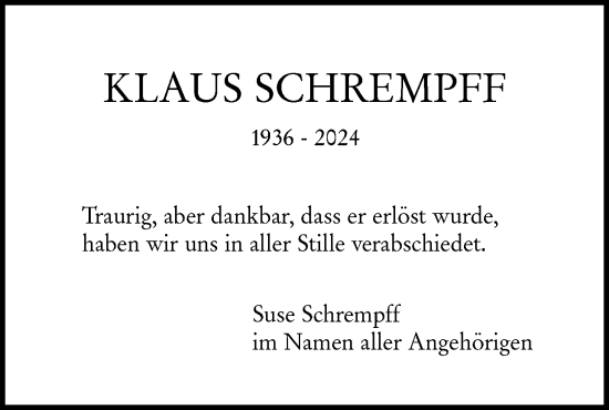 Traueranzeige von Klaus Schrempf von SÜDWEST PRESSE Ausgabe Ulm/Neu-Ulm