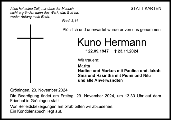 Traueranzeige von Kuno Hermann von Hohenloher Tagblatt