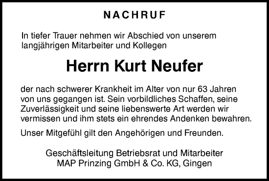 Traueranzeige von Kurt Neufer von NWZ Neue Württembergische Zeitung/Geislinger Zeitung