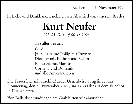 Traueranzeige von Kurt Neufer von NWZ Neue Württembergische Zeitung/Geislinger Zeitung