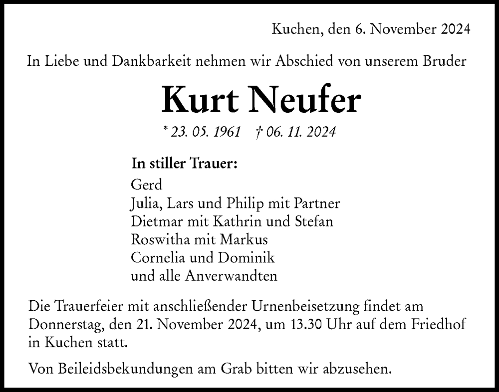  Traueranzeige für Kurt Neufer vom 16.11.2024 aus NWZ Neue Württembergische Zeitung/Geislinger Zeitung