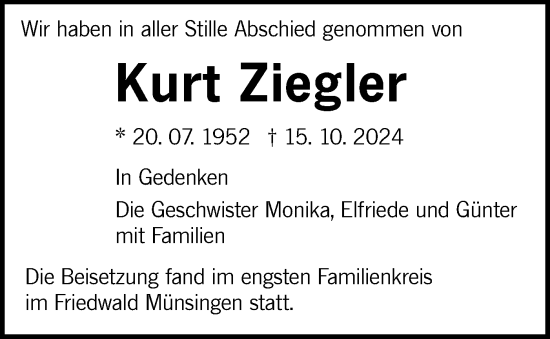 Traueranzeige von Kurt Ziegler von Alb-Bote/Metzinger-Uracher Volksblatt