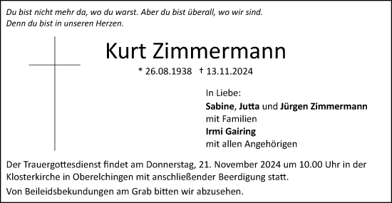 Traueranzeige von Kurt Zimmermann von SÜDWEST PRESSE Ausgabe Ulm/Neu-Ulm