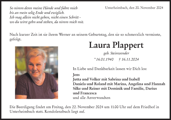 Traueranzeige von Laura Plappert von Haller Tagblatt