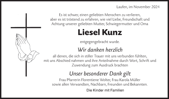 Traueranzeige von Liesel Kunz von Rundschau Gaildorf