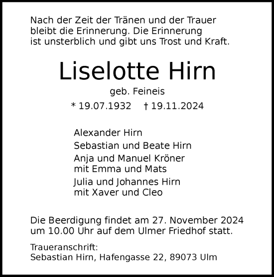 Traueranzeige von Liselotte Hirn von SÜDWEST PRESSE Ausgabe Ulm/Neu-Ulm