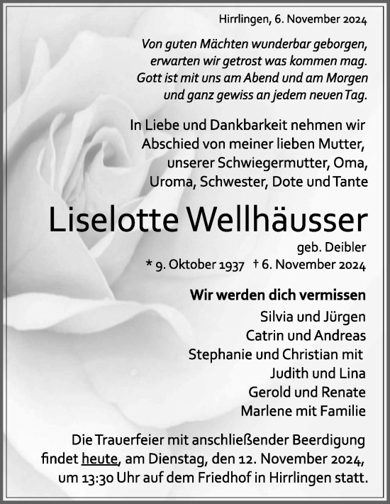 Traueranzeige von Liselotte Wellhäusser von Schwäbische Tagblatt