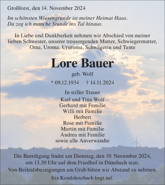 Traueranzeige von Lore Bauer von Hohenloher Tagblatt