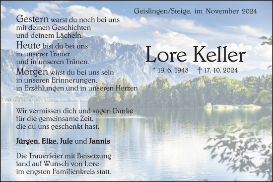 Traueranzeige von Lore Keller von Geislinger Zeitung