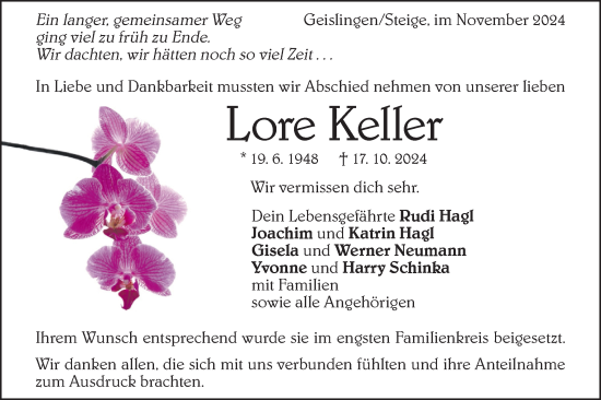 Traueranzeige von Lore Keller von Geislinger Zeitung