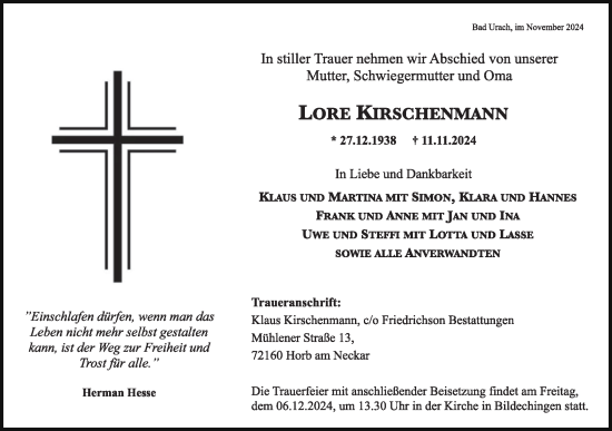 Traueranzeige von Lore Kirschenmann von Neckar-Chronik