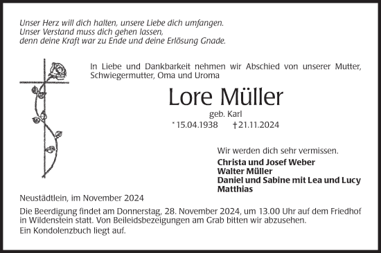 Traueranzeige von Lore Müller von Hohenloher Tagblatt