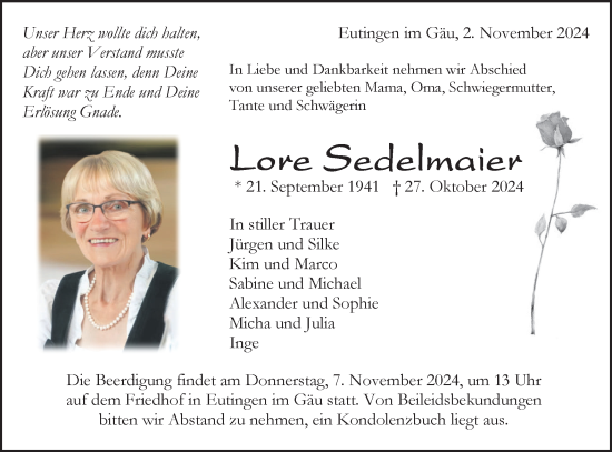 Traueranzeige von Lore Sedelmaier von Neckar-Chronik