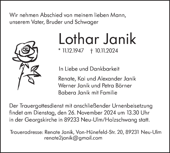 Traueranzeige von Lothar Janik von SÜDWEST PRESSE Ausgabe Ulm/Neu-Ulm