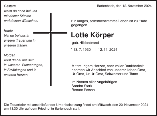 Traueranzeige von Lotte Körper von NWZ Neue Württembergische Zeitung