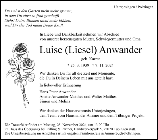 Traueranzeige von Luise Anwander von Schwäbische Tagblatt