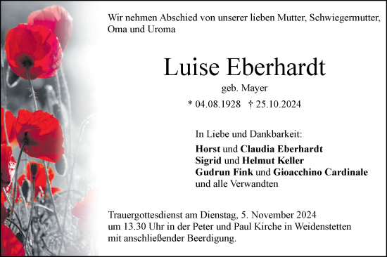 Traueranzeige von Luise Eberhardt von SÜDWEST PRESSE Ausgabe Ulm/Neu-Ulm