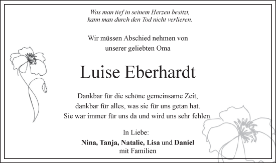 Traueranzeige von Luise Eberhardt von SÜDWEST PRESSE Ausgabe Ulm/Neu-Ulm