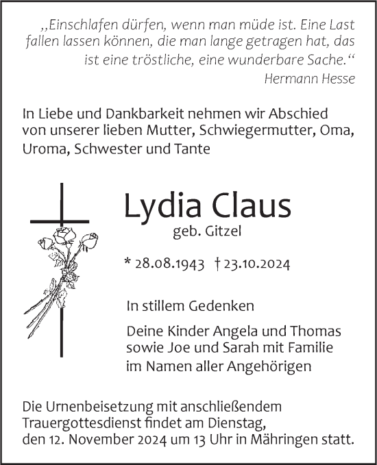 Traueranzeige von Lydia Claus von SÜDWEST PRESSE Ausgabe Ulm/Neu-Ulm