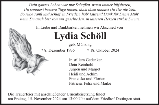 Traueranzeige von Lydia Schöll von Alb-Bote/Metzinger-Uracher Volksblatt