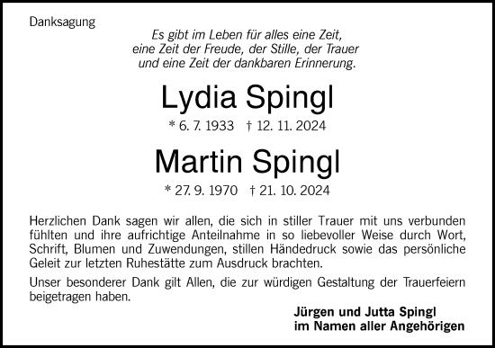 Traueranzeige von Lydia Spingl von Hohenloher Tagblatt