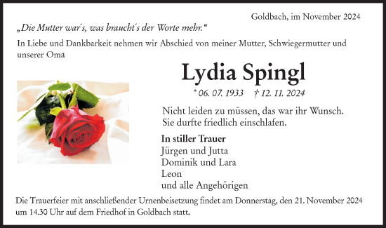 Traueranzeige von Lydia Spingl von Hohenloher Tagblatt