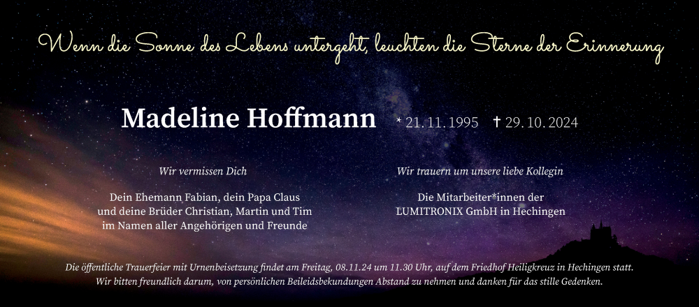  Traueranzeige für Madeline Hoffmann vom 05.11.2024 aus SÜDWEST PRESSE Zollernalbkreis/Hohenzollerische Zeitung