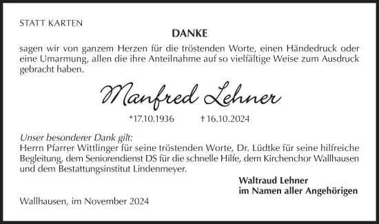 Traueranzeige von Manfred Lehner von Hohenloher Tagblatt