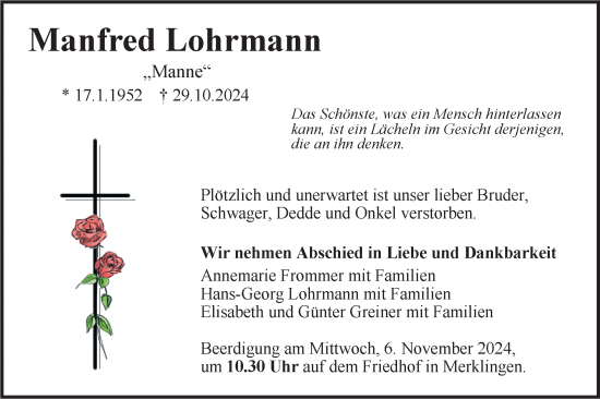 Traueranzeige von Manfred Lohrmann von SÜDWEST PRESSE Ausgabe Ulm/Neu-Ulm