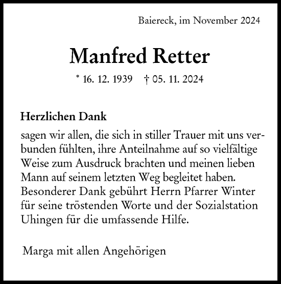 Traueranzeige von Manfred Retter von NWZ Neue Württembergische Zeitung