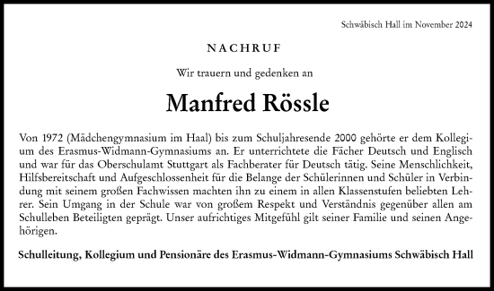 Traueranzeige von Manfred Rössle von Haller Tagblatt