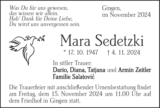 Traueranzeige von Mara Sedetzki von Geislinger Zeitung