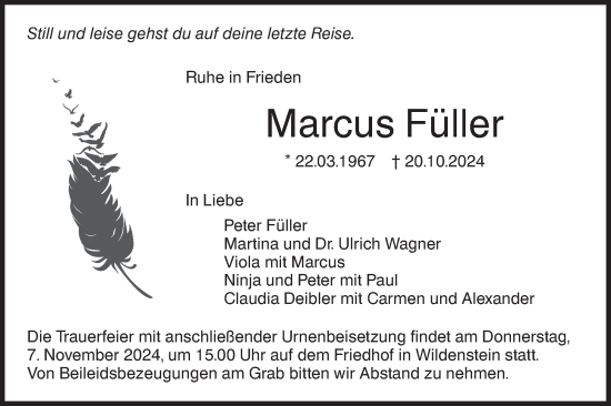 Traueranzeige von Marcus Füller von Hohenloher Tagblatt