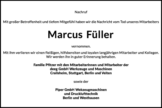 Traueranzeige von Marcus Füller von Hohenloher Tagblatt