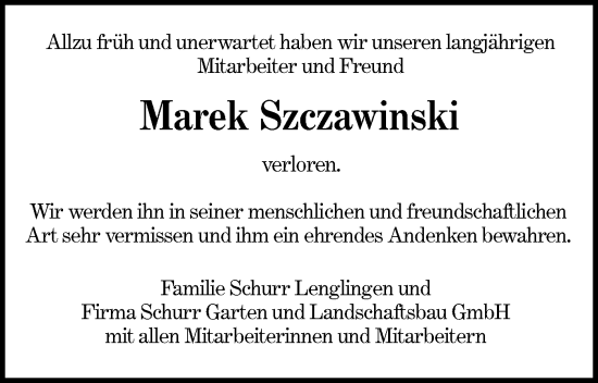 Traueranzeige von Marek Szczawinski von NWZ Neue Württembergische Zeitung