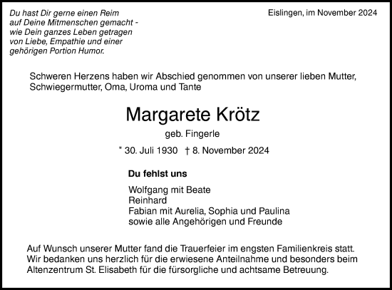 Traueranzeige von Margarete Krötz von NWZ Neue Württembergische Zeitung