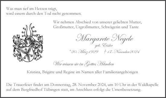 Traueranzeige von Margarete Negele von Schwäbische Tagblatt