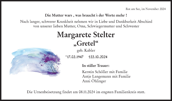 Traueranzeige von Margarete Stelter von Hohenloher Tagblatt