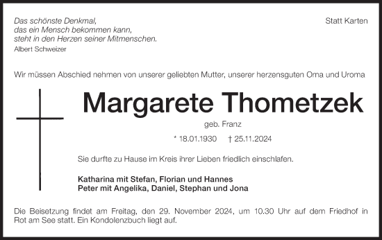 Traueranzeige von Margarete Thometzek von Hohenloher Tagblatt